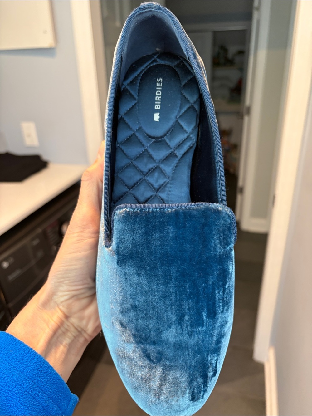 Birdies Starling Blue Velvet Smoking Slipper Loafer Flat, Women’s rare size 10.5